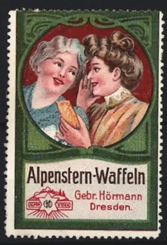 Reklamemarke Dresden, Gebr. Hörmann, Waffelfabrik, Alpenstern-Waffeln, zwei Frauen mit Waffel