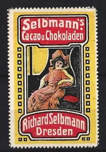 Reklamemarke Dresden, Selbmann, Cacao u. Chokoladen, Frau auf Sessel