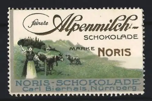 Reklamemarke Nürnberg, Carl Bierhals, Alpenmilch-Schokolade Noris, Kühe auf der Weide