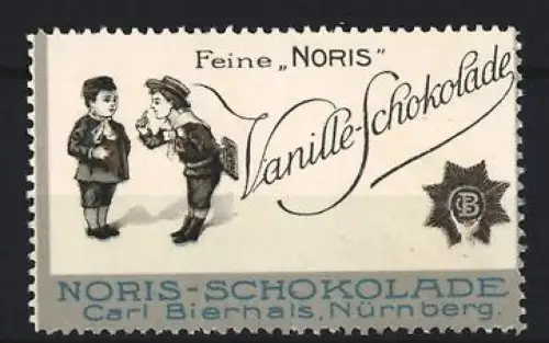 Reklamemarke Nürnberg, Carl Bierhals, Noris Vanille-Schokolade, Zwei Jungen und Stern-Emblem