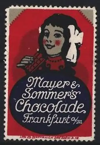 Reklamemarke Frankfurt a. M., Mayer & Sommer, Schocolade, Mädchen mit Schleife