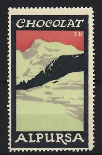 Reklamemarke Alpursa, Schokolade, Verschneite Berglandschaft