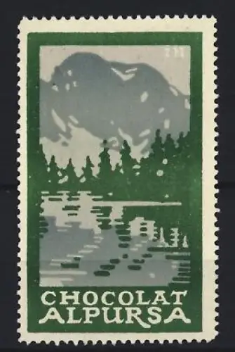 Reklamemarke Alpursa, Schokolade, Seenlandschaft mit Gebirge