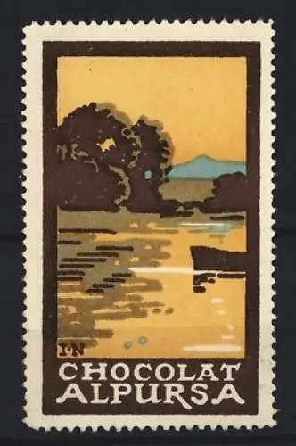 Reklamemarke Alpursa, Schokolade, Landschaft mit Fluss und Boot