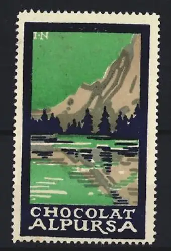 Reklamemarke Alpursa, Schokolade, Berglandschaft und See