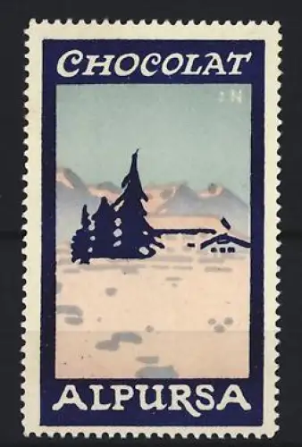 Reklamemarke Alpursa, Schokolade, Winterlandschaft mit Tannenbaum