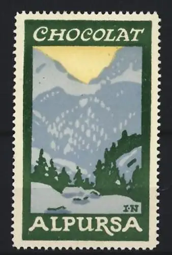 Reklamemarke Alpursa, Schokolade, Berglandschaft im Schnee