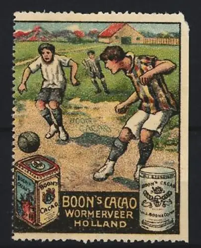 Reklamemarke Wormerveer, Boon`s Cacao, Fussballspieler und Kakaodosen