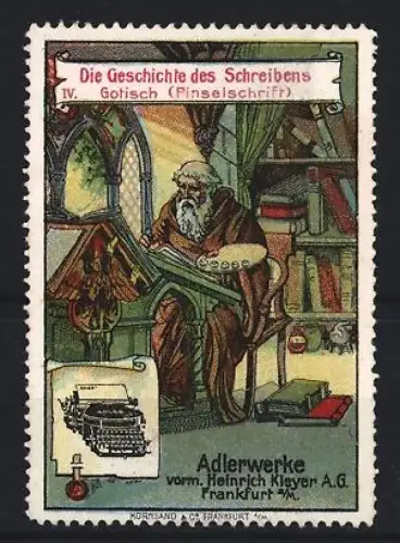 Reklamemarke Frankfurt, Adlerwerke vorm. Heinrich Kleyer A.G., Schreibmaschinenfabrik, Gelehrter am Schreibtisch