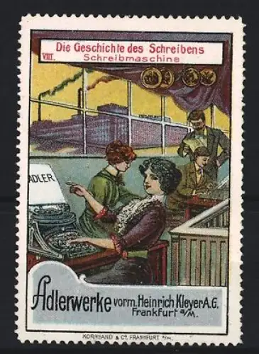 Reklamemarke Frankfurt a.M., Adlerwerke, Schreibmaschine, Frau an einer Schreibmaschine im Büro
