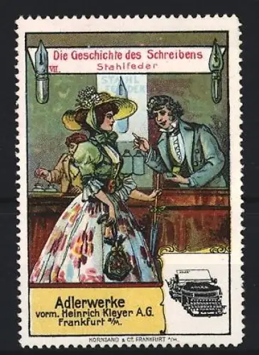 Reklamemarke Frankfurt, Adlerwerke, Schreibmaschinen, Elegante Dame wird von einem Mann beraten