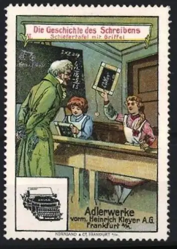Reklamemarke Frankfurt, Adlerwerke, Schreibmaschinenfabrik, Schiefertafel mit Griffel in der Schule