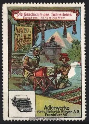 Reklamemarke Frankfurt, Adlerwerke, Schreibmaschinen, Hieroglyphen im alten Ägypten