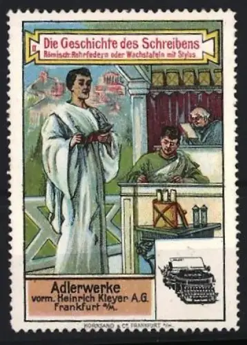 Reklamemarke Frankfurt a.M., Adlerwerke, Schreibmaschinenfabrik, Römischer Schreiber mit Wachstafeln