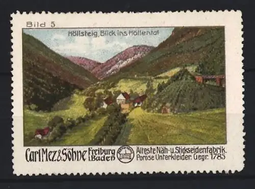Reklamemarke Freiburg, Höllsteig, Höllental, Carl Mez & Söhne, Freiburg i. Baden, Älteste Näh- und Stickseidefabrik