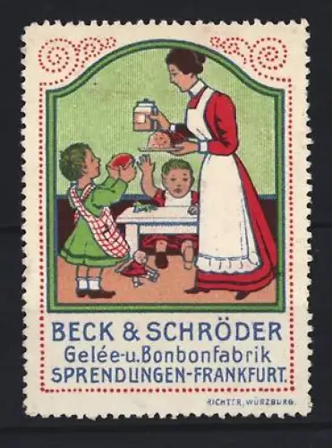 Reklamemarke Sprendlingen-Frankfurt, Beck & Schröder Gelee-u. Bonbonfabrik, Mutter mit Kindern