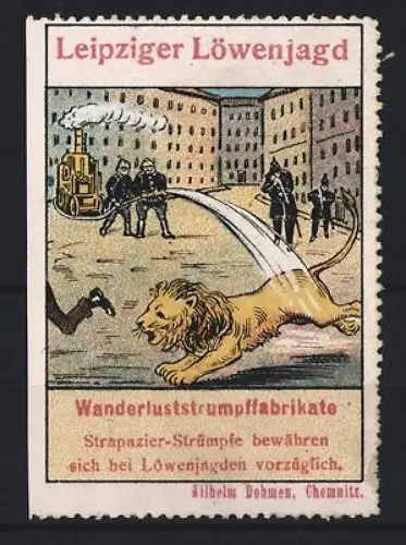 Reklamemarke Leipzig, Leipziger Löwenjagd, Strapazier-Strümpfe, Löwe und Menschenmenge