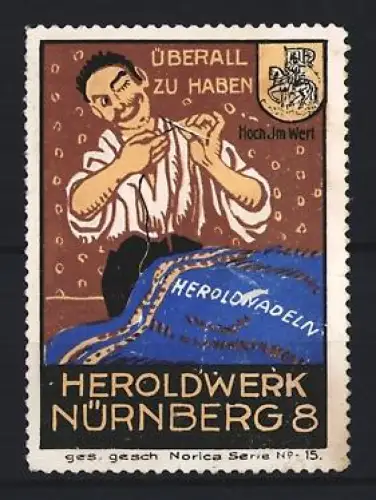 Reklamemarke Nürnberg, Heroldnadeln, Schneider mit Nadel und Faden