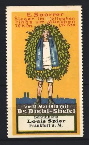Reklamemarke München, E. Sporrer Sieger im Wettgehen 1910, Lorbeerkranz