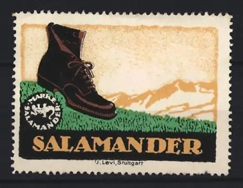 Reklamemarke Stuttgart, Salamander, Wanderschuh vor Berglandschaft