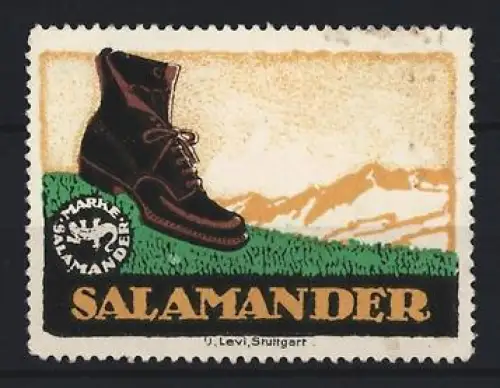 Reklamemarke Stuttgart, Salamander, Wanderschuh und Berge
