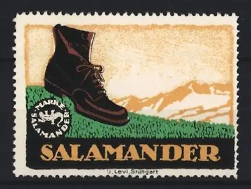 Reklamemarke Stuttgart, Salamander, Berglandschaft und Wanderschuh