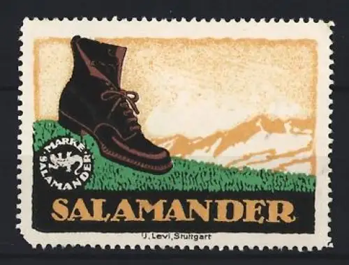 Reklamemarke Stuttgart, Salamander, Bergstiefel und Bergpanorama, J. Levi