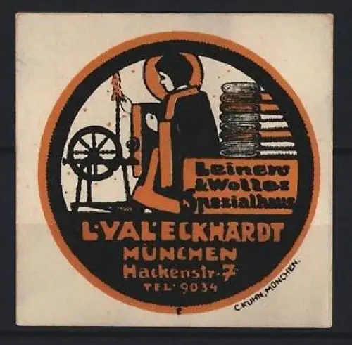 Reklamemarke München, L. Val. Eckhardt, Hackenstr. 7, Frau am Spinnrad