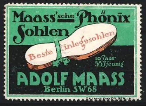 Reklamemarke Berlin, Maass`sche Phönix Sohlen, Einlegesohlen