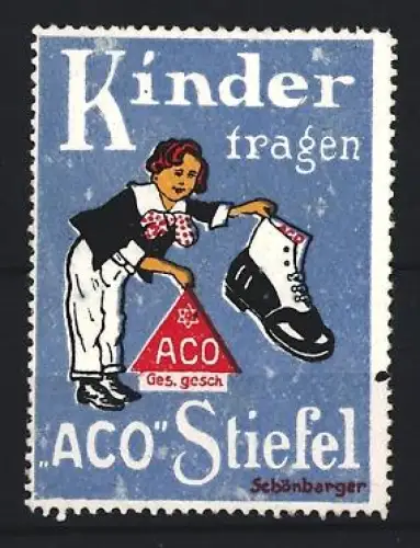 Reklamemarke ACO, Kinder tragen ACO Stiefel, Junge mit Stiefel