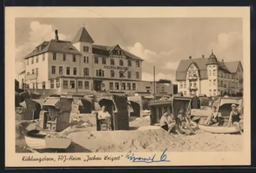 AK Kühlungsborn, FDJ-Heim Jochen Weigert, Strand mit Strandkörben
