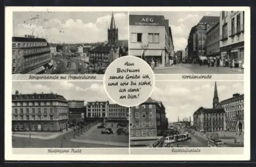 AK Bochum, Bongardstrasse mit Propsteikirche, Kortumstrasse, Husemann-Platz, Rathausplatz