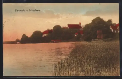 AK Zarrentin a. Schaalsee, Blick auf Seeufer und Ortsansicht mit Kirche