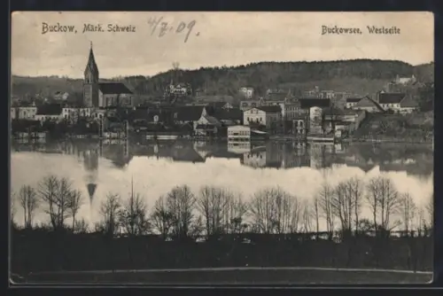 AK Buckow /Märk. Schweiz, Buckowsee, Westseite, Ortsansicht mit Kirche