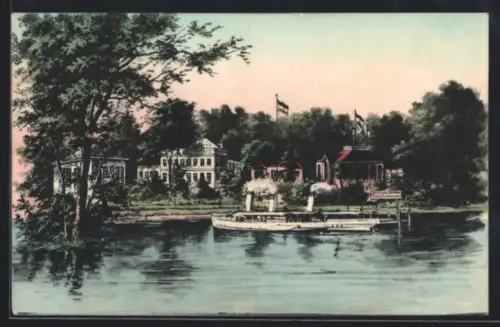 AK Berlin-Rauchfangswerder, Restaurant Waldhaus, Bes. Ed. Rutkowsky, Seeterrasse, Dampferanleger