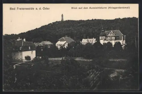 AK Bad Freienwalde a. d. Oder, Blick auf den Aussichtsturm, Kriegerdenkmal