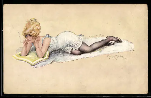 Künstler-AK sign. Maurice Milliere: Schöne Frau im Negligé und mit Zigarette auf einem Fell
