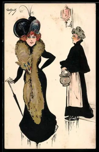 Künstler-AK sign. Van Dock: Elegante Dame mit grossem Hut und Fuchspelz um den Schultern