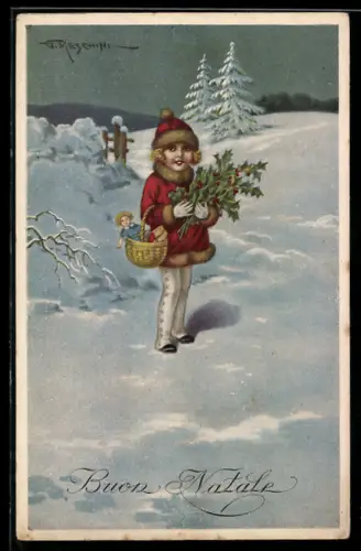 Künstler-AK sign. Meschini: Junges Kind mit Stechpalmenzweigen und Korb in einer winterlichen Landschaft