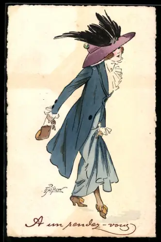 Künstler-AK sign. Prejelan, M. Munk Nr. 480: Dame in blauem Gewand mit Handtasche