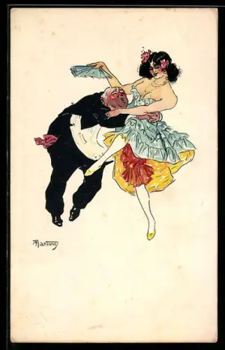 Künstler-AK sign. Martiny: Schöne Frau tanzt mit einem korpulenten Mann und fächelt ihm Luft zu