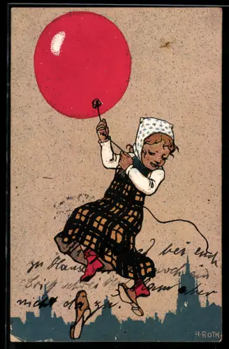 Künstler-AK sign. H. Roth: Mädchen fliegt an einem roten Ballon über einen Ort
