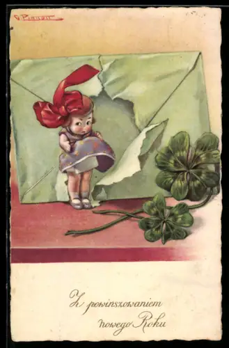 Künstler-AK sign. G. Piattott: Kleines Mädchen ist aus einem Briefumschlag mit Kleeblättern gekommen