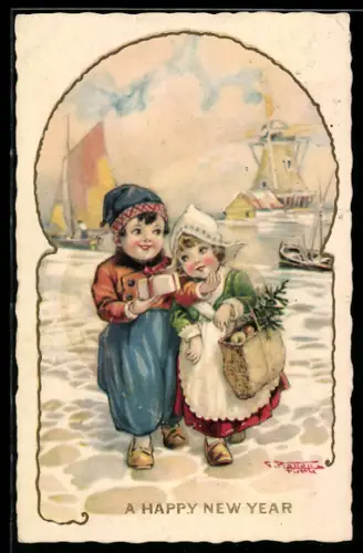 Künstler-AK sign. G. Piattott: Kinder in Trachten laufen den Hafen entlang