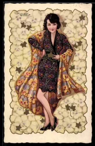 Künstler-AK sign. G. Piattott: Schöne Frau im Veilchenkleid