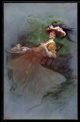 Künstler-AK Werbung Serravallos China-Wein mit Eisen mit eleganter Dame