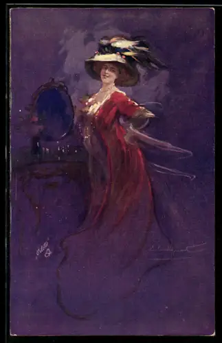 Künstler-AK sign. E. Occhipinti: Hübsche Frau mit Hut steht vor einem Spiegel