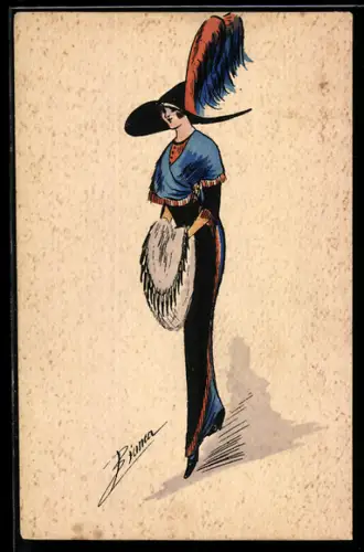 Künstler-AK sign. Bianca: Modisch gekleidete Frau mit Hut und Muff