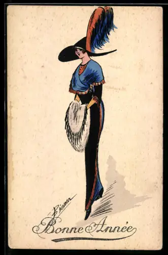 Künstler-AK sign. Bianca: Modisch gekleidete Frau mit Hut und Muff