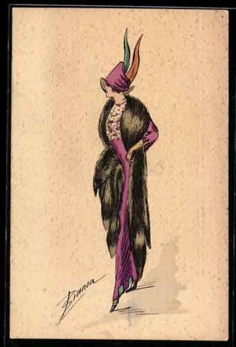 Künstler-AK sign. Bianca: Modisch gekleidete Frau im violetten Kleid mit Fell